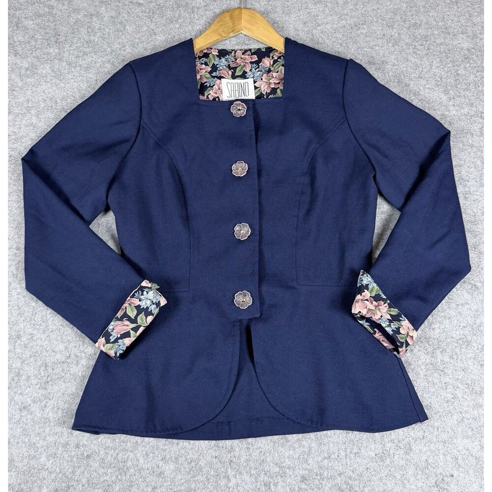 Vintage Sabino Women’s 8 Navy Blazer Floral Cuffs Flower Buttons Jacket